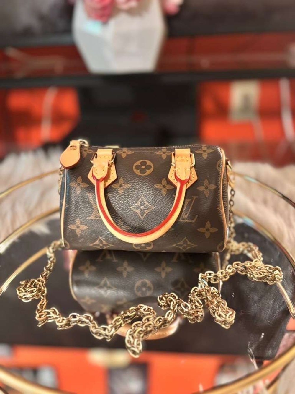 Louis Vuitton Brown Monogram Mini Nano Speedy Satchel with Gold Chain